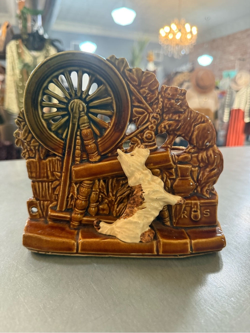1950's vintage Brown and Cream Ceramic Spinning Wheel Figurine
